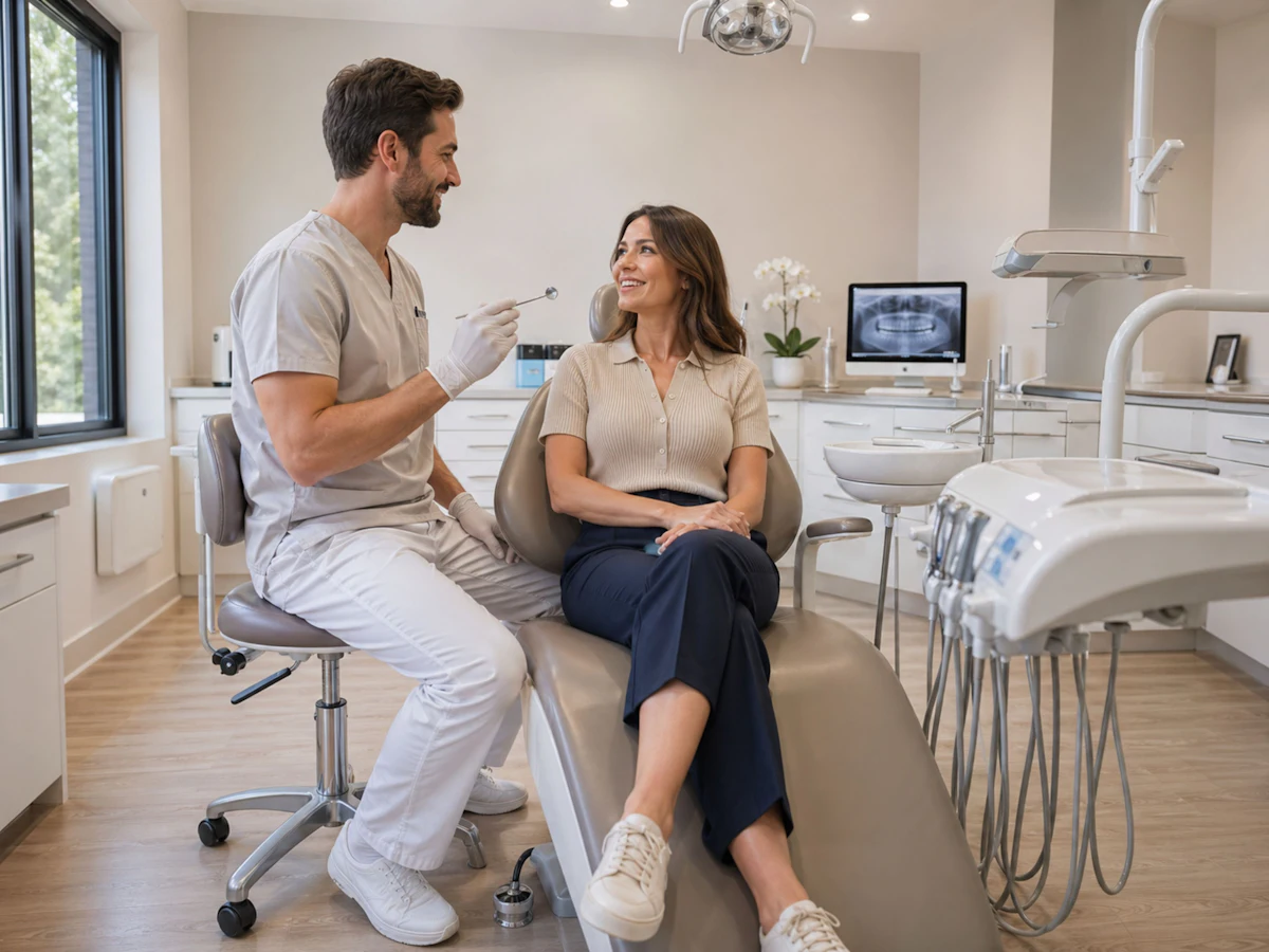 Zahnarzt im Gespräch mit einer Patientin in einer modernen Praxis