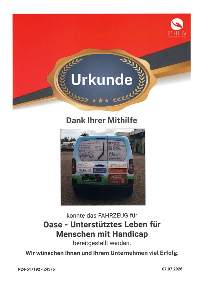 Urkunde der Oase: Dank Ihrer Mithilfe konnte ein Fahrzeug bereitgestellt werden