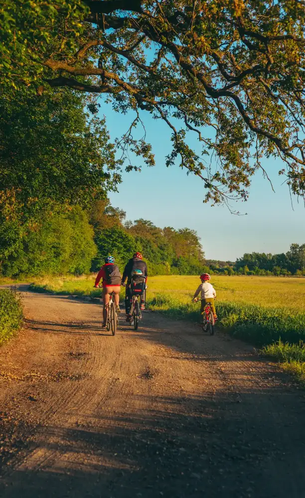 Familie fährt mit dem Fahrrad auf einem Feldweg